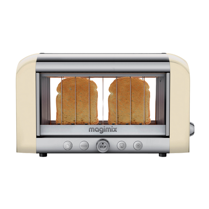 Cream and silver Magimix Vision Toaster with bread toasting inside