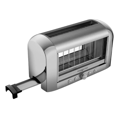 Magimix chrome vision toaster with crumb tray sliding out