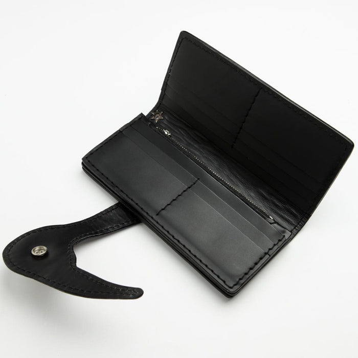 Biker wallet fully open interior view with 10 credit card slots three bill compartments and zippered pocket