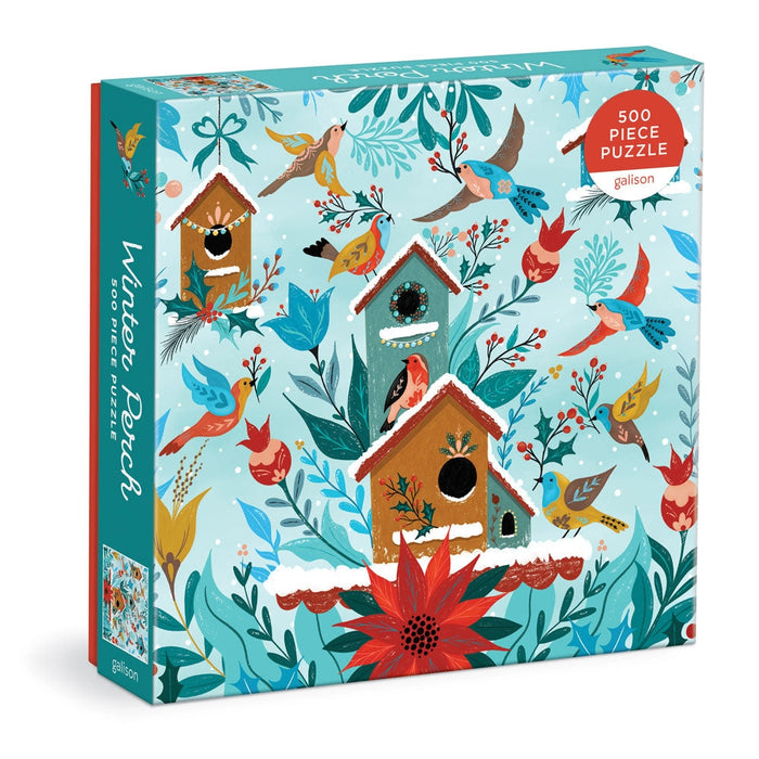 Galison’s Winter Perch 500-piece jigsaw puzzle features decorative birdhouses, vibrant birds, and flowers on a light blue background—a delightful challenge for puzzle fans.