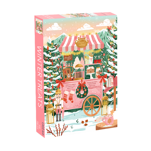 Winter Treats | 500 Piece Jigsaw Puzzle by Olleo Puzzles showcases a decorated outdoor sweets cart with holiday wreaths, trees, and a nutcracker in a snowy mountain scene—perfect for art jigsaw fans.