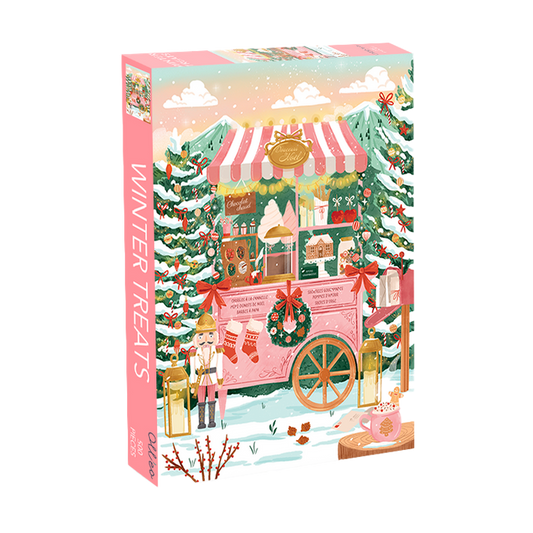 Winter Treats | 500 Piece Jigsaw Puzzle by Olleo Puzzles showcases a decorated outdoor sweets cart with holiday wreaths, trees, and a nutcracker in a snowy mountain scene—perfect for art jigsaw fans.